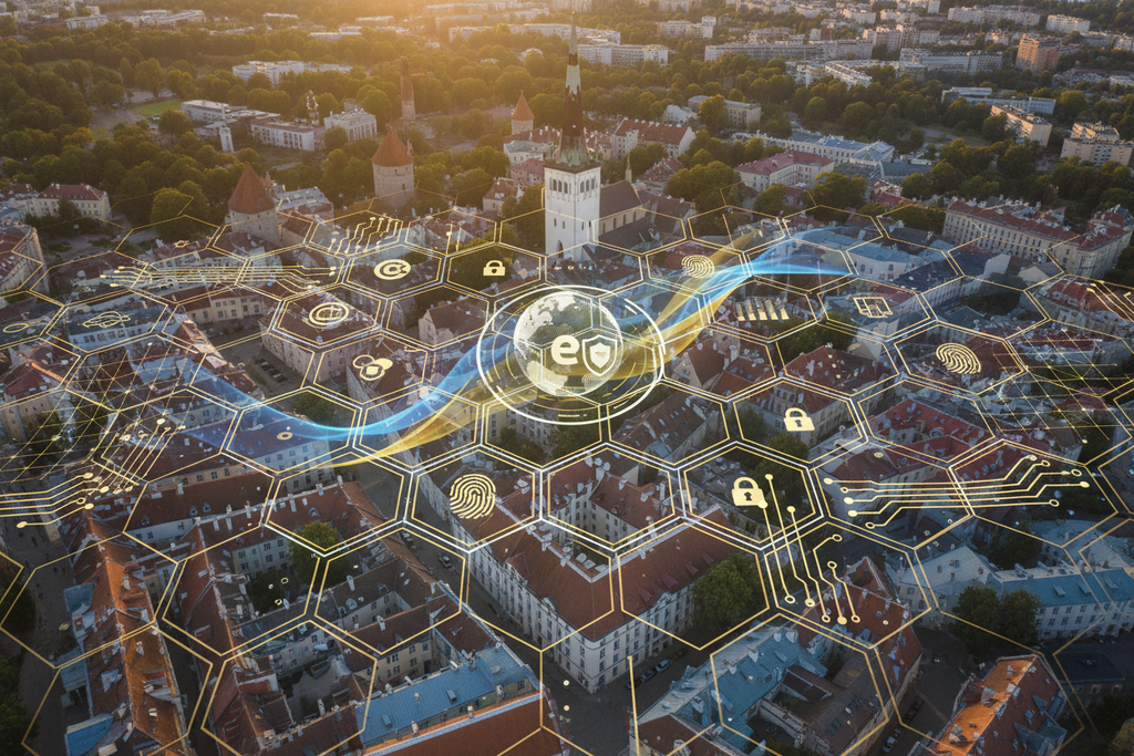 Tallinn old town with digital tech overlay and EU flag — Estonia e-Residency Company Formation for NRIs | Blueberry
