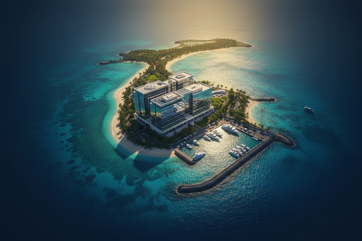 Aerial view of Mauritius island with corporate overlay representing offshore company formation services for NRIs and global investors – Blueberry